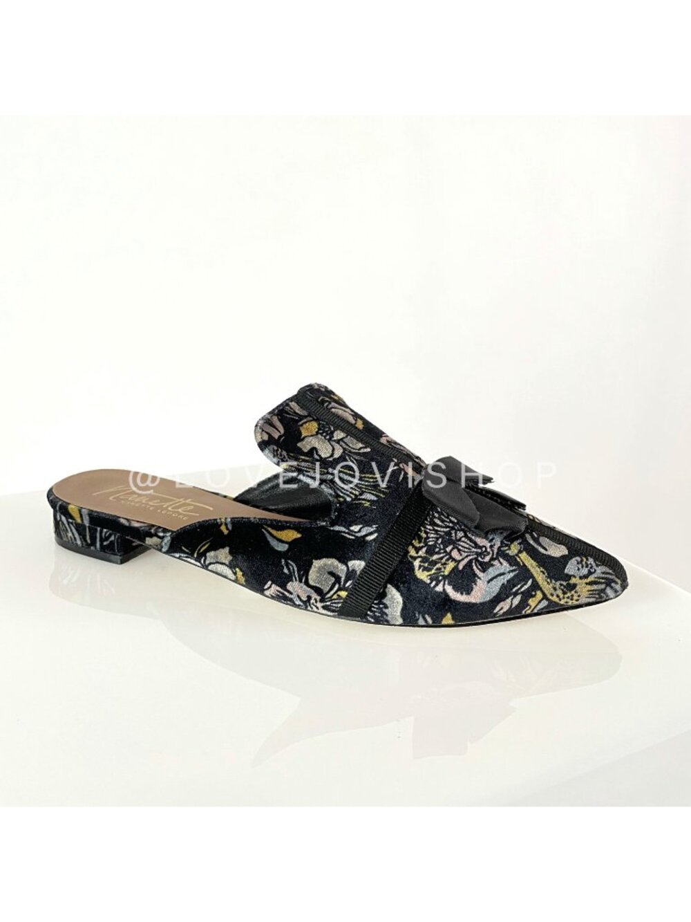 Feminine | Nanette Lepore Velvet Floral Slides | Black Lilac Ribbon Bow | 8